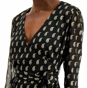 INC International Concepts Black Paisley Wrap Blouse with Gold Accents